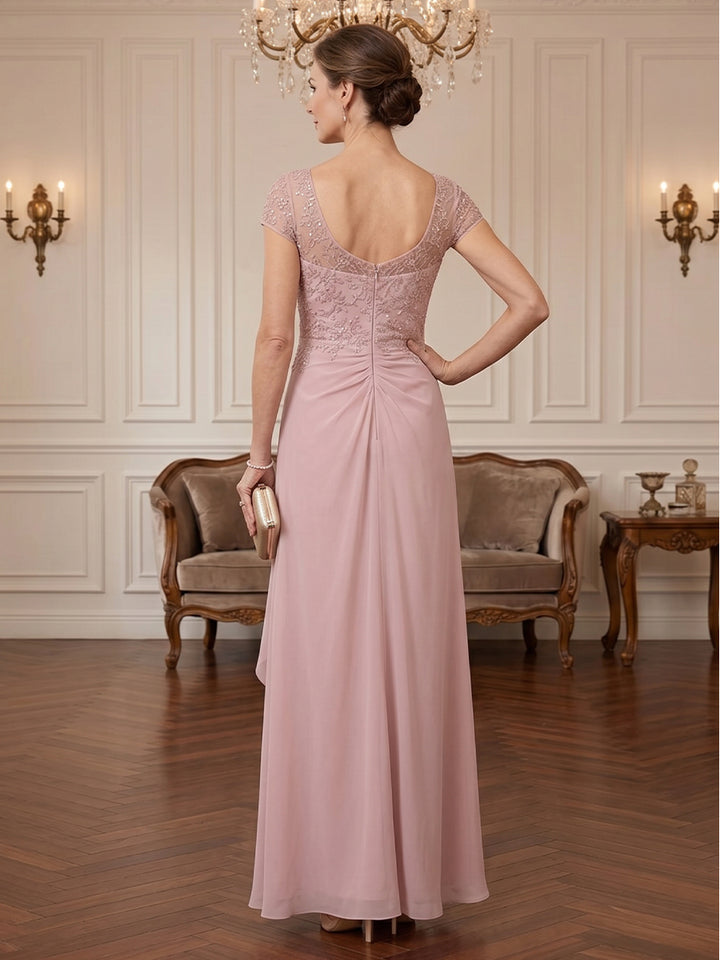 Chiffon Sequin Sheath Square Neck Floor Length Cap Sleeves Ruched Ruffles Mother of the Bride Dresses