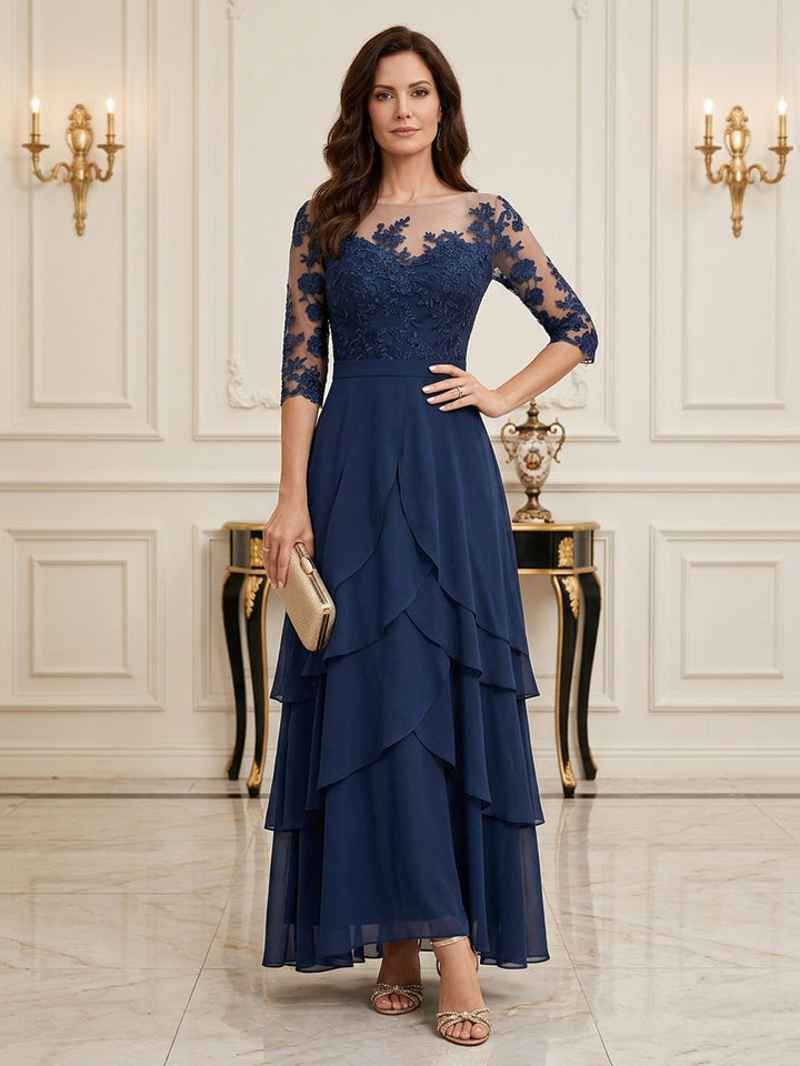 Chiffon A Line Jewel Neck Floor Length Long Sleeves Lace Appliques Tiered Mother of the Bride Dresses