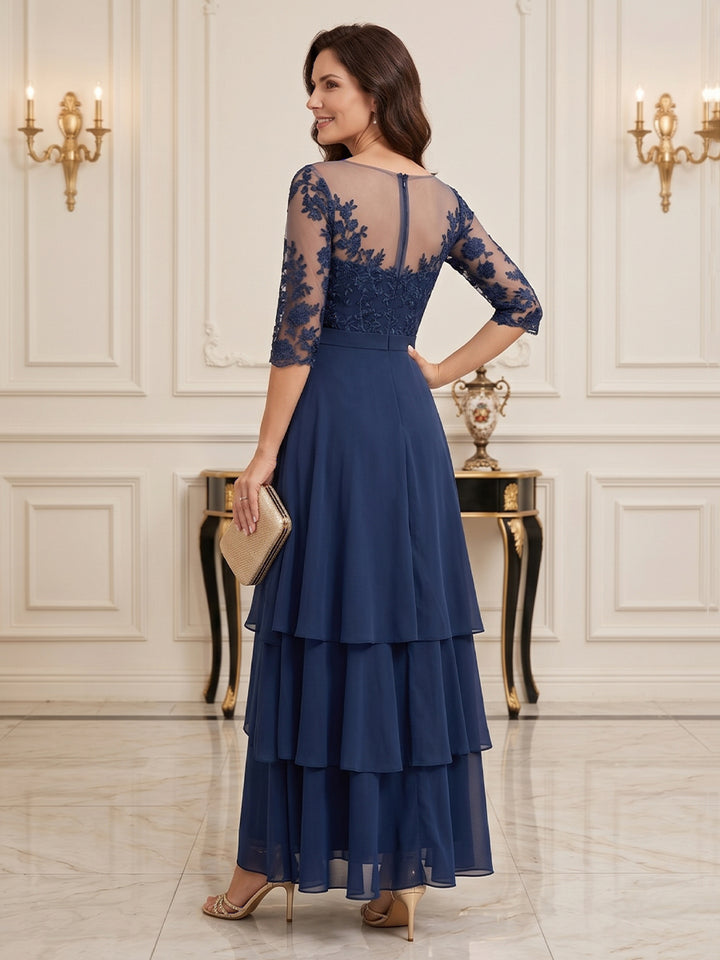 Chiffon A Line Jewel Neck Floor Length Long Sleeves Lace Appliques Tiered Mother of the Bride Dresses