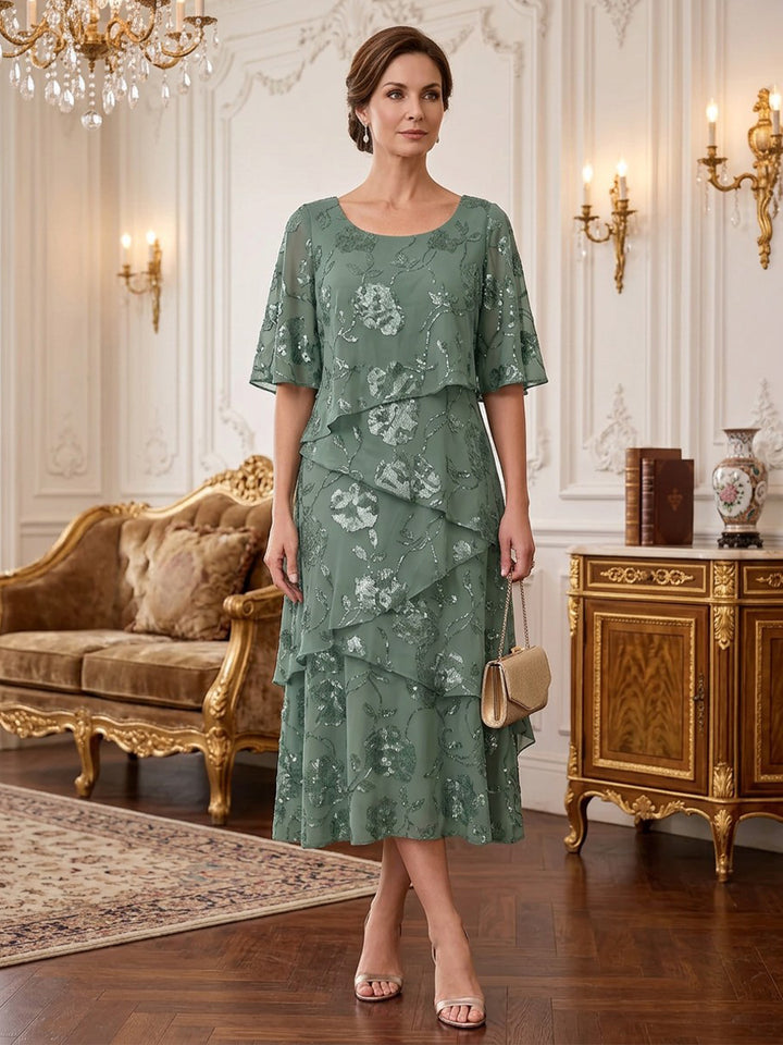 Chiffon Sequin A Line Scoop Neck Tea Length Short Sleeves Sequin Mother of the Bride Dresses