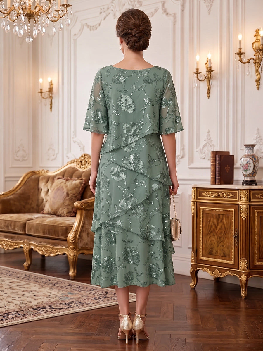 Chiffon Sequin A Line Scoop Neck Tea Length Short Sleeves Sequin Mother of the Bride Dresses