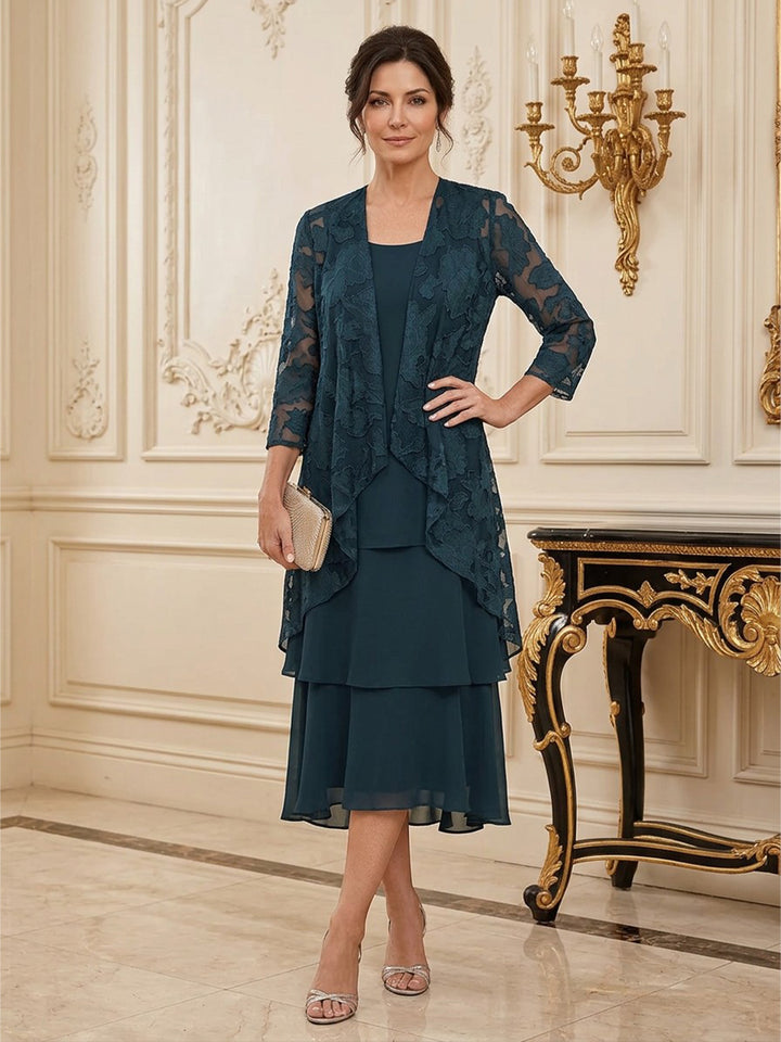 Chiffon Laces A Line Scoop Neck Tea Length Long Sleeves Tiered Mother of the Bride Dresses