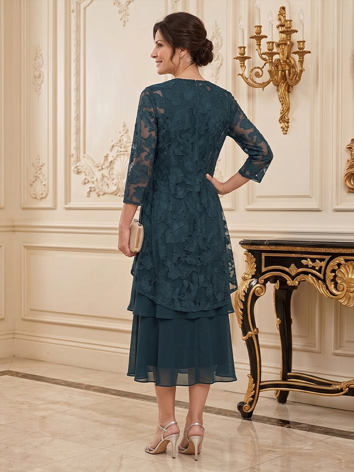 Chiffon Laces A Line Scoop Neck Tea Length Long Sleeves Tiered Mother of the Bride Dresses