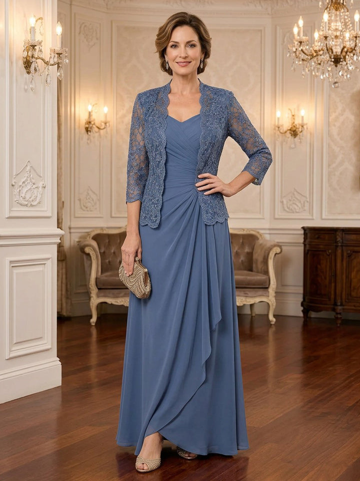Chiffon Laces A Line Scoop Neck Floor Length Long Sleeves Ruched Mother of the Bride Dresses