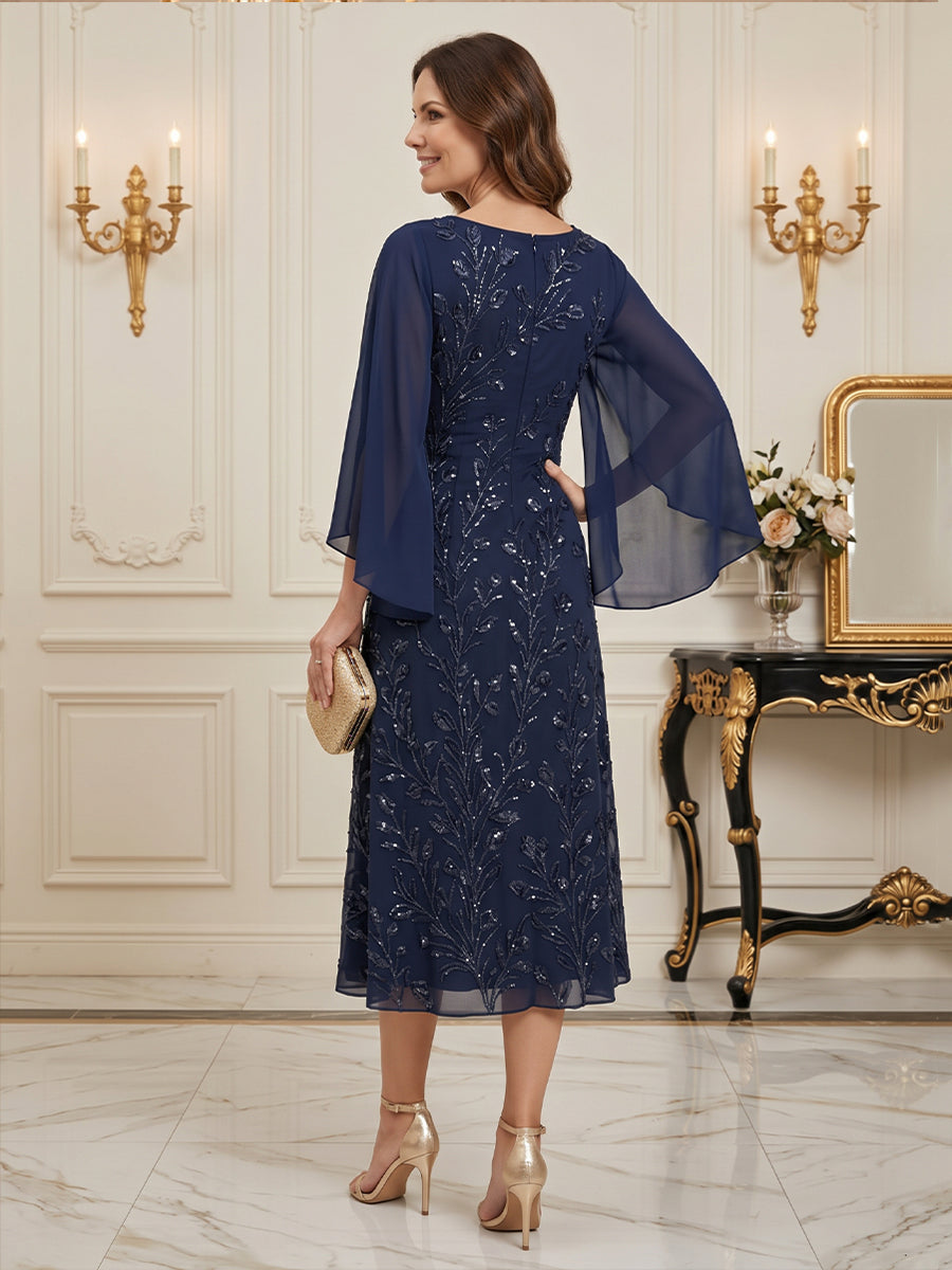Tulle A Line Round Neck Tea Length Long Sleeves Sequin Mother of the Bride Dresses