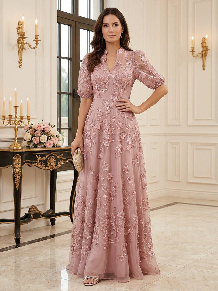 Tulle A Line Stand Collar Floor Length Short Sleeves Puff Sleeve Mother of the Bride Dresses