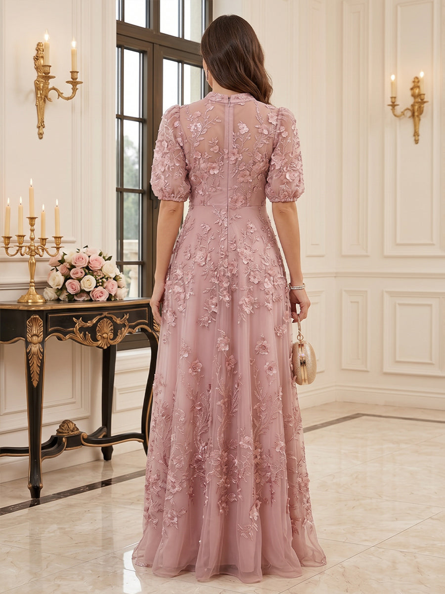Tulle A Line Stand Collar Floor Length Short Sleeves Puff Sleeve Mother of the Bride Dresses