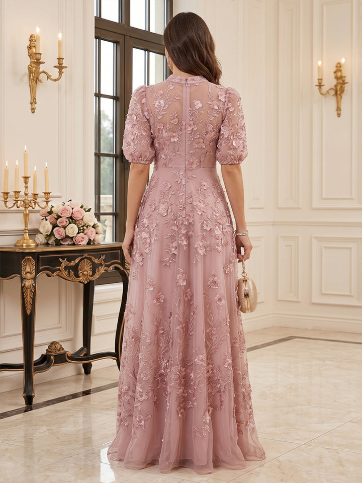 Tulle A Line Stand Collar Floor Length Short Sleeves Puff Sleeve Mother of the Bride Dresses