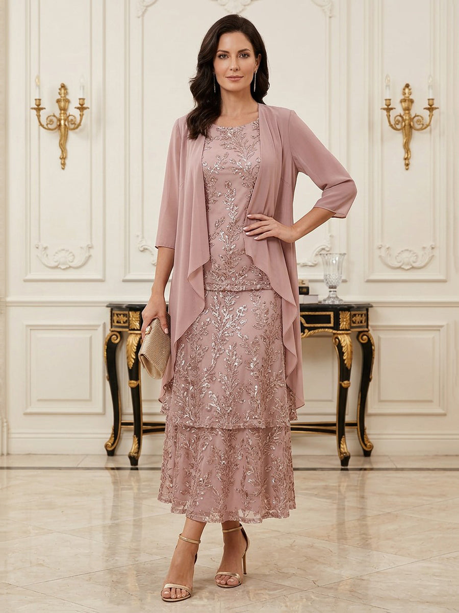 Sequin Chiffon A Line Scoop Neck Ankle Length Long Sleeves Sequin Embroidery Mother of the Bride Dresses with Cape