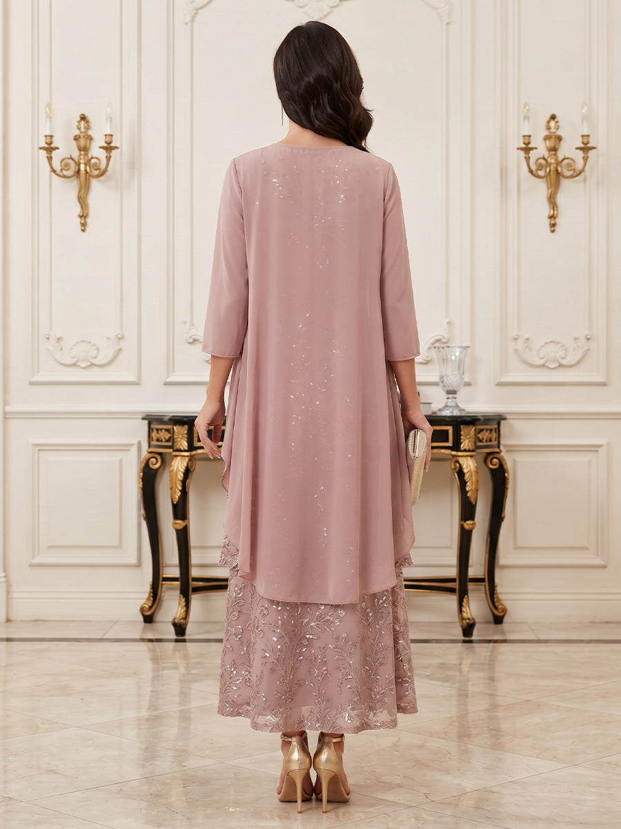 Sequin Chiffon A Line Scoop Neck Ankle Length Long Sleeves Sequin Embroidery Mother of the Bride Dresses with Cape
