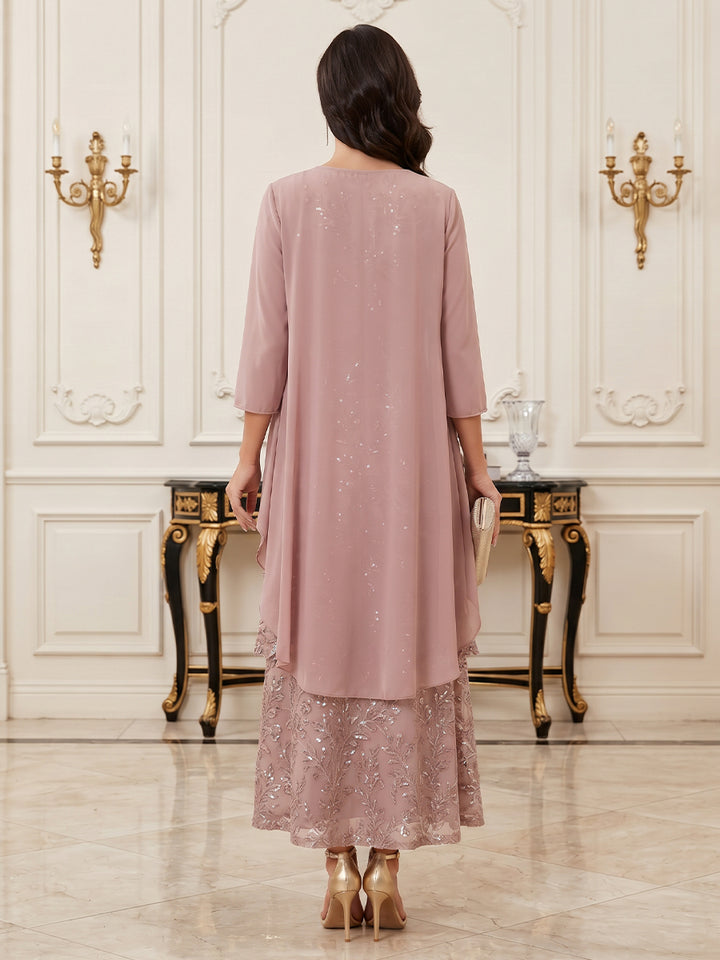 Sequin Chiffon A Line Scoop Neck Ankle Length Long Sleeves Sequin Embroidery Mother of the Bride Dresses with Cape