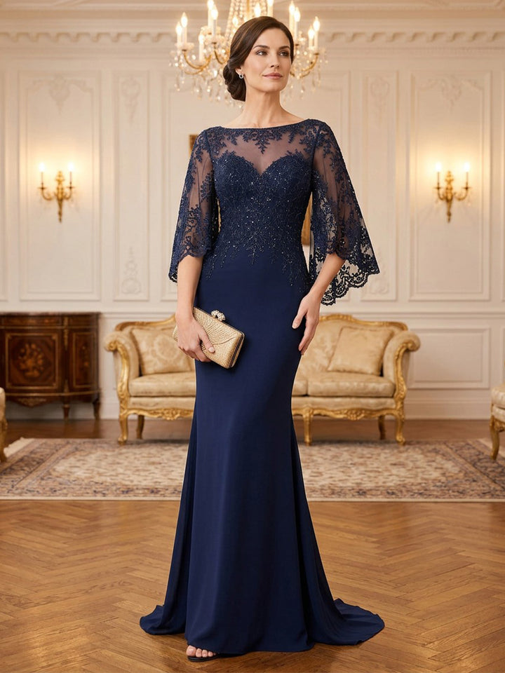 Laces Sequin Embroidery Mermaid Jewel Neck Floor Length Long Sleeves Lace Appliques Glitter Mother of the Bride Dresses