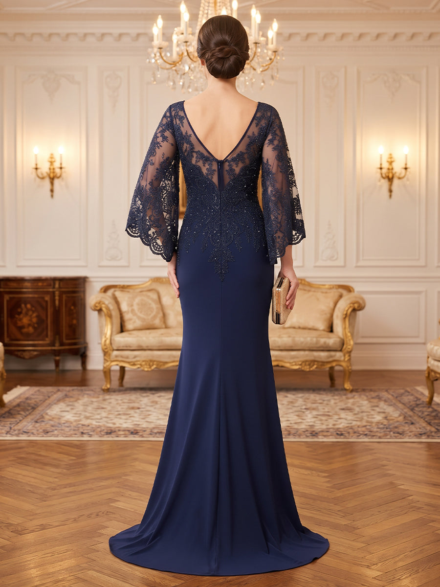 Laces Sequin Embroidery Mermaid Jewel Neck Floor Length Long Sleeves Lace Appliques Glitter Mother of the Bride Dresses
