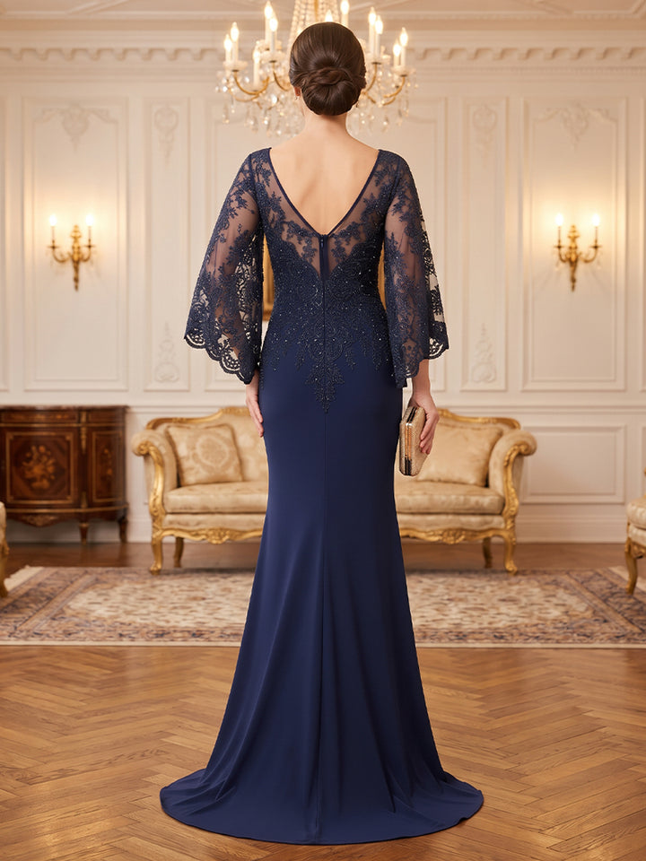 Laces Sequin Embroidery Mermaid Jewel Neck Floor Length Long Sleeves Lace Appliques Glitter Mother of the Bride Dresses