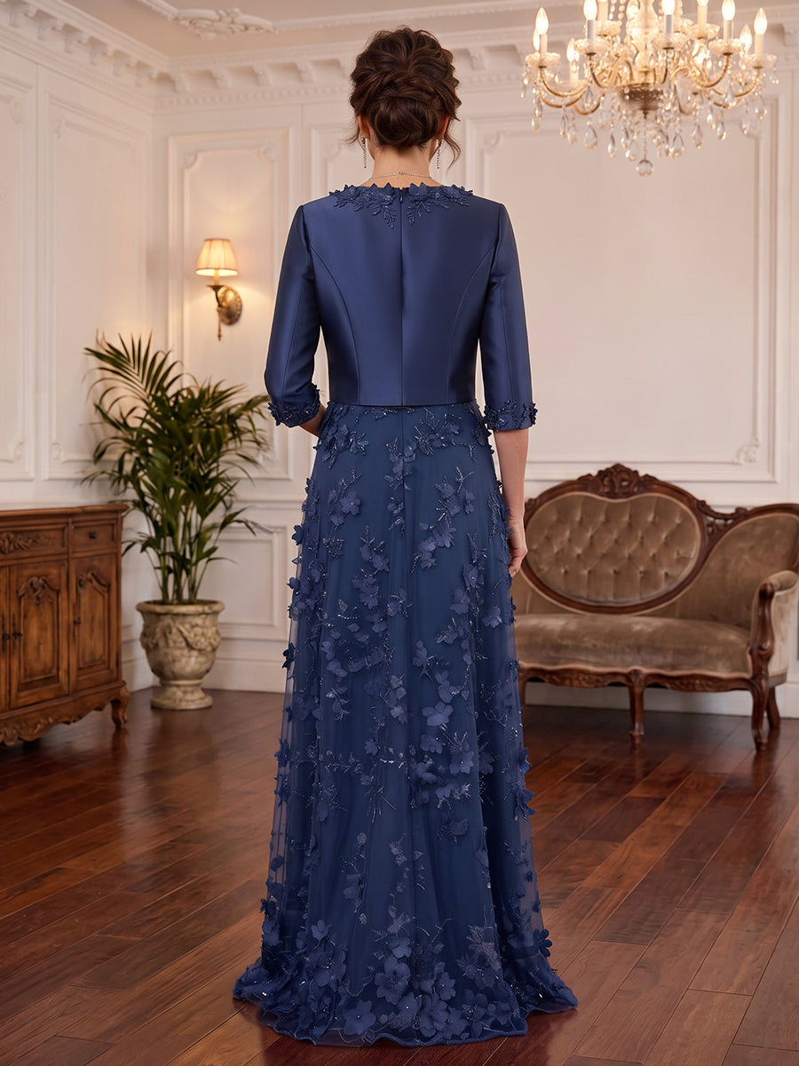 Satin Chiffon A Line V Neck Floor Length Long Sleeves 2 Piece Mother of the Bride Dresses