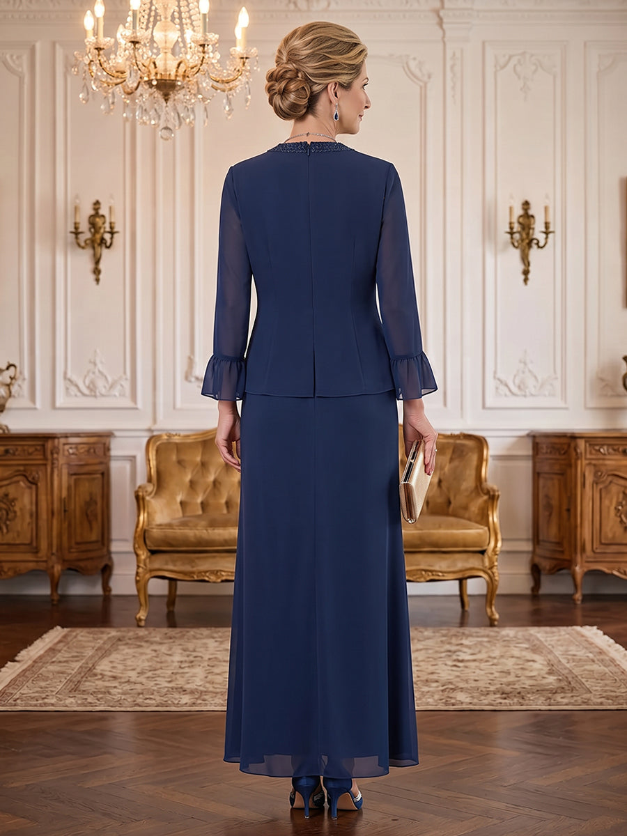 Chiffon A Line Scoop Neck Floor Length Long Sleeves 2 Piece Mother of the Bride Dresses