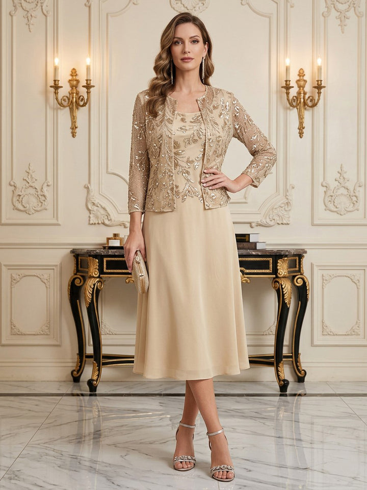 Chiffon Sequin A Line Scoop Neck Tea Length Long Sleeves Sequin Mother of the Bride Dresses