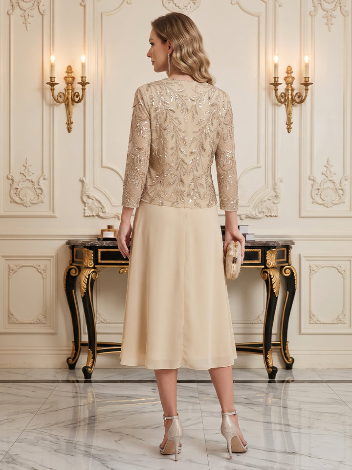 Chiffon Sequin A Line Scoop Neck Tea Length Long Sleeves Sequin Mother of the Bride Dresses