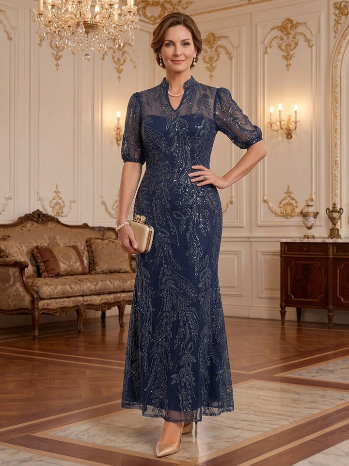 Tulle A Line Stand Collar Floor Length Short Sleeves Sequin Glitter Mother of the Bride Dresses