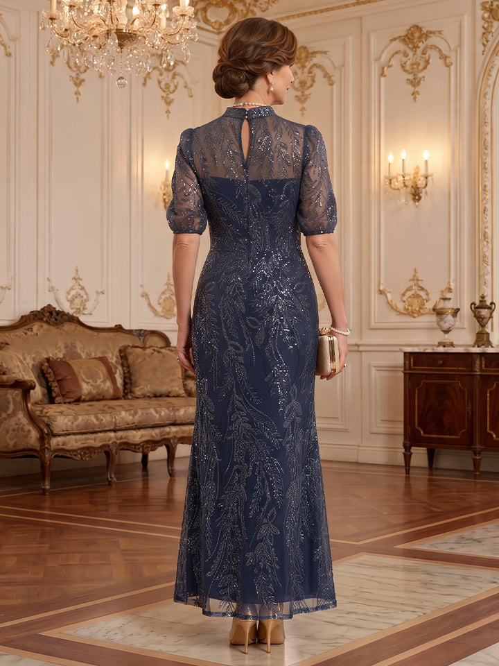 Tulle A Line Stand Collar Floor Length Short Sleeves Sequin Glitter Mother of the Bride Dresses