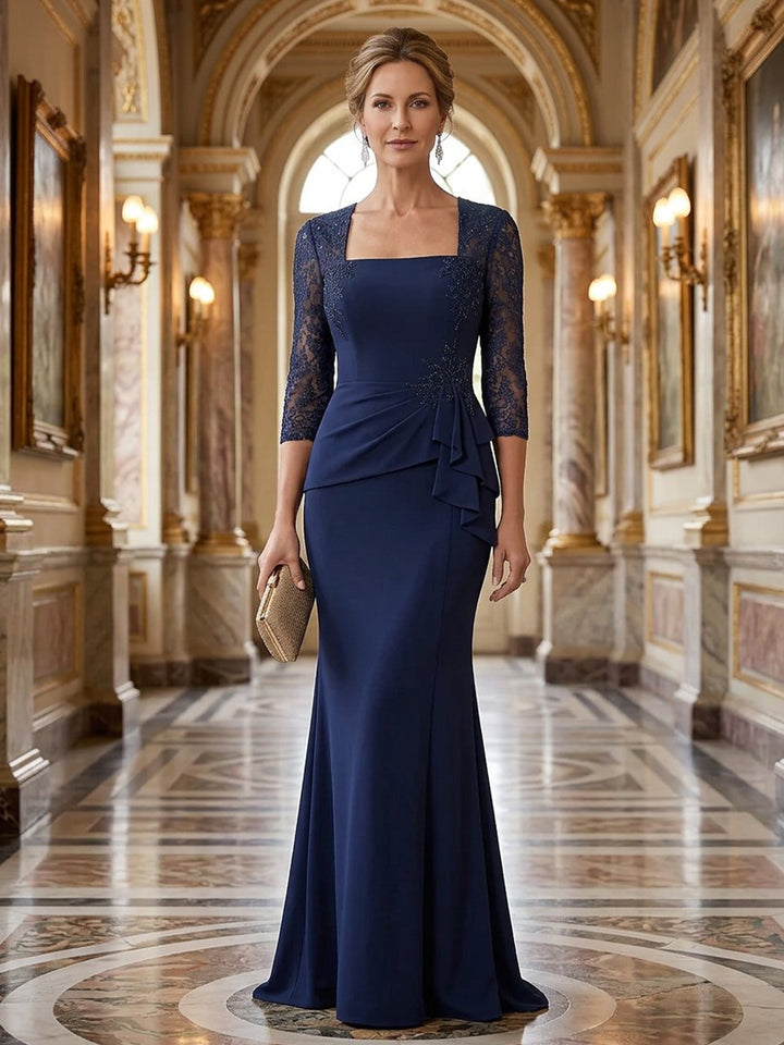 Satin Mermaid Square Neck Floor Length Long Sleeves Ruched Mother of the Bride Dresses