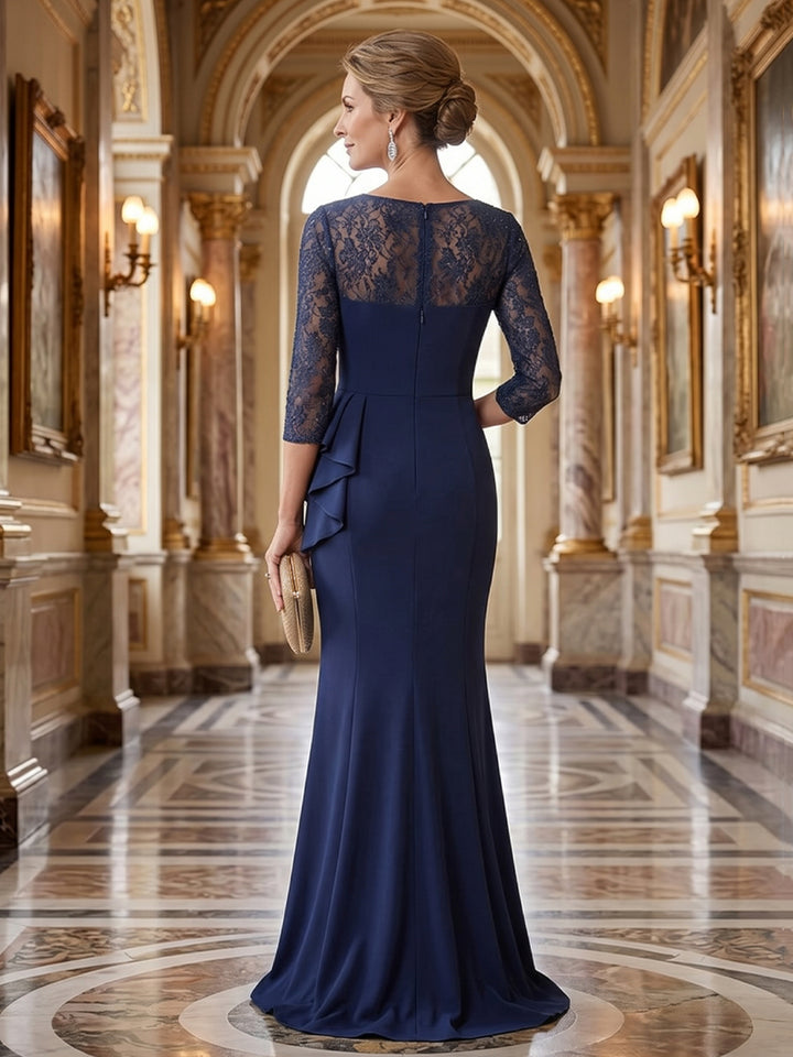Satin Mermaid Square Neck Floor Length Long Sleeves Ruched Mother of the Bride Dresses