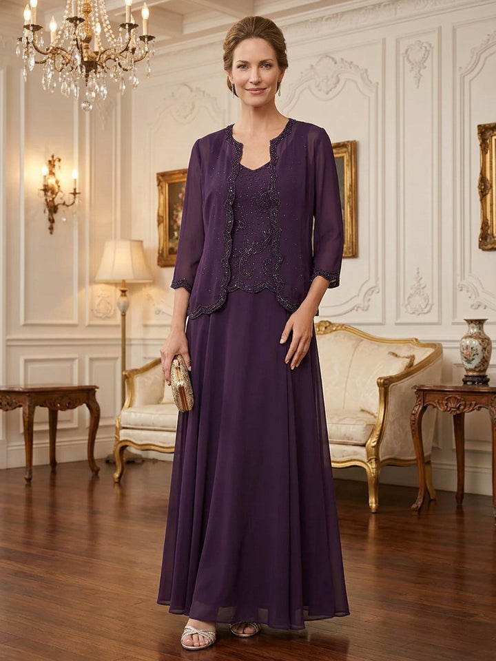 Chiffon A Line Scoop Neck Floor Length Long Sleeves Beading Mother of the Bride Dresses