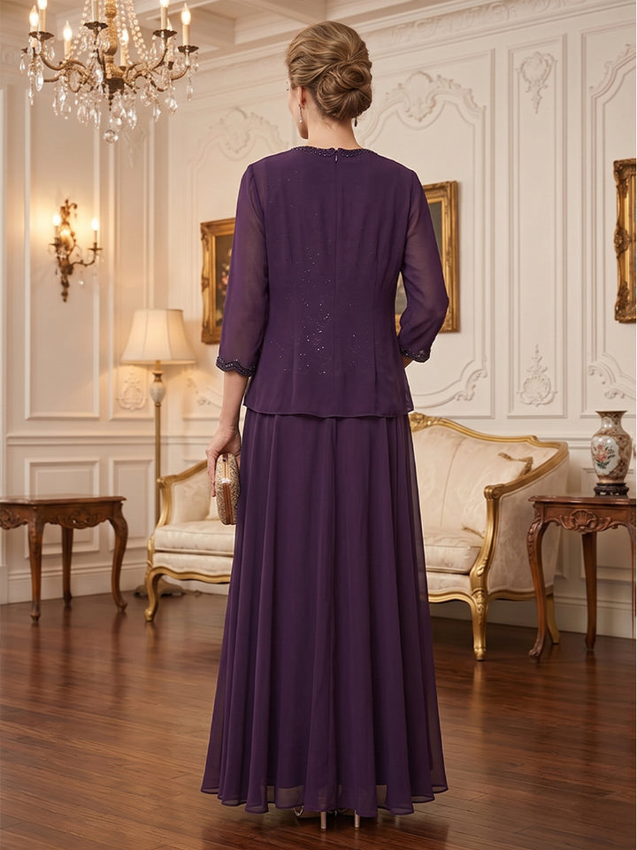 Chiffon A Line Scoop Neck Floor Length Long Sleeves Beading Mother of the Bride Dresses