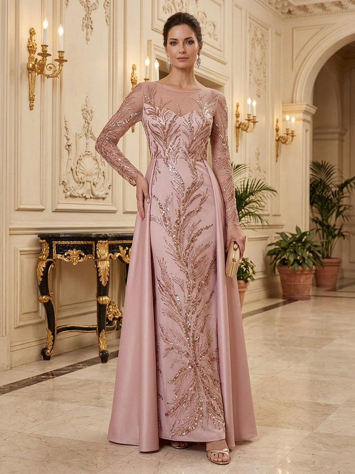 Satin Sequin Sheath Scoop Neck Floor Length Long Sleeves Sequin Embroidery Mother of the Bride Dresses