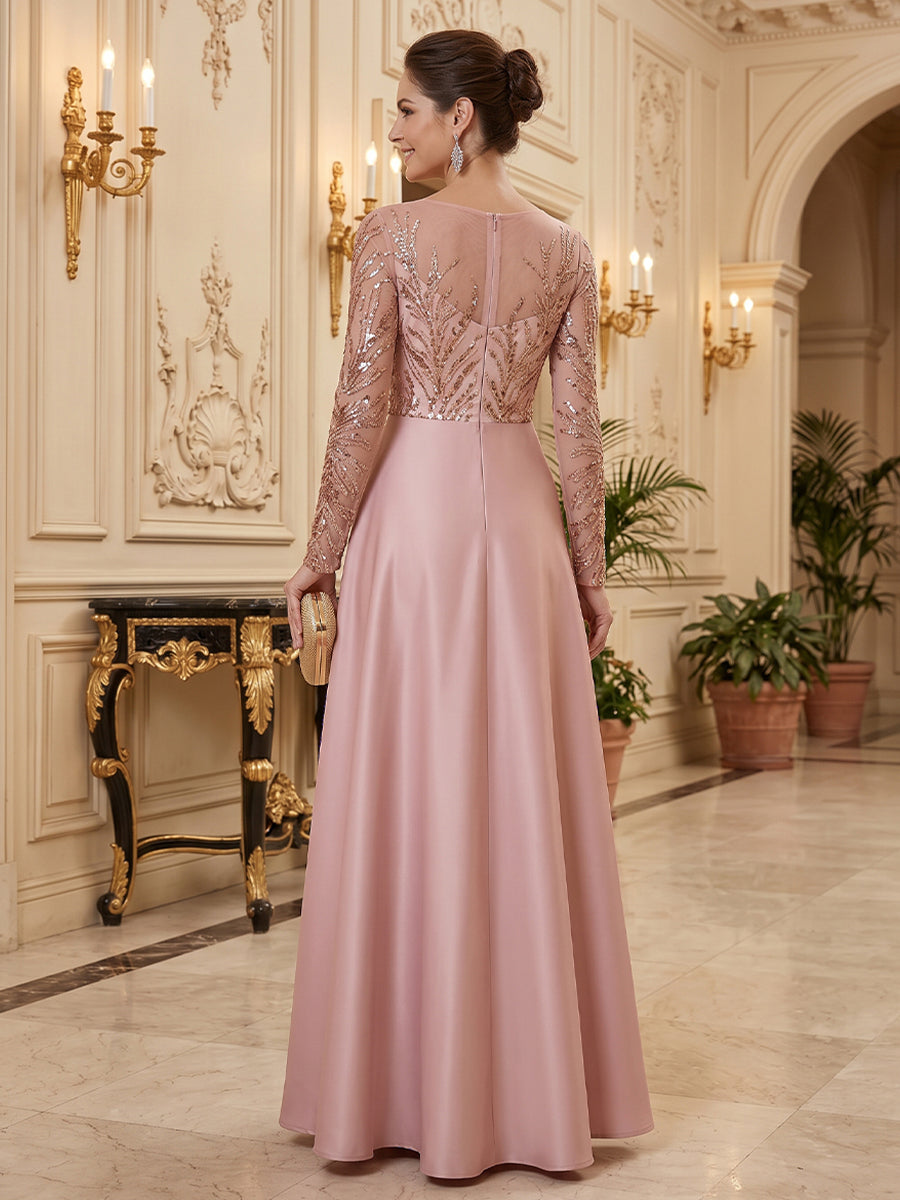 Satin Sequin Sheath Scoop Neck Floor Length Long Sleeves Sequin Embroidery Mother of the Bride Dresses