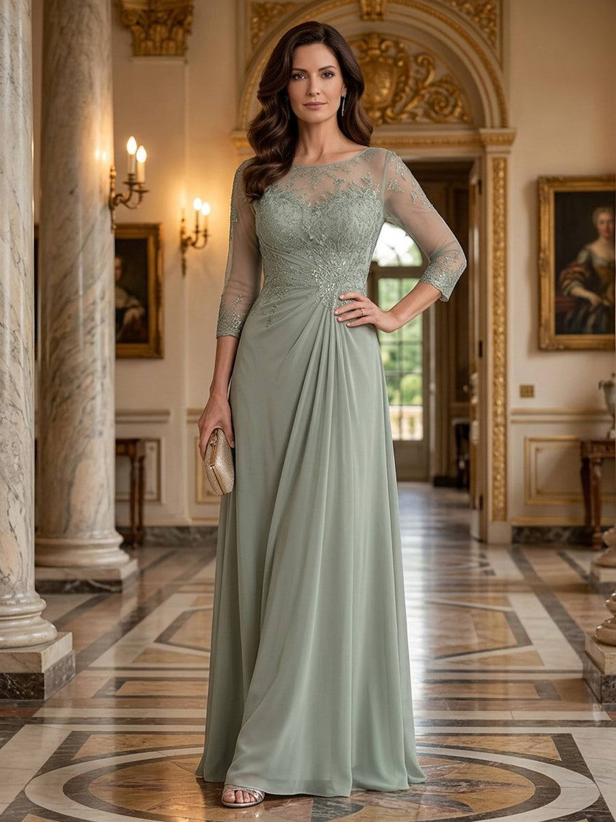 Chiffon Sequin A Line Scoop Neck Floor Length 3/4 length sleeves Sequin Embroidery Ruched Mother of the Bride Dresses