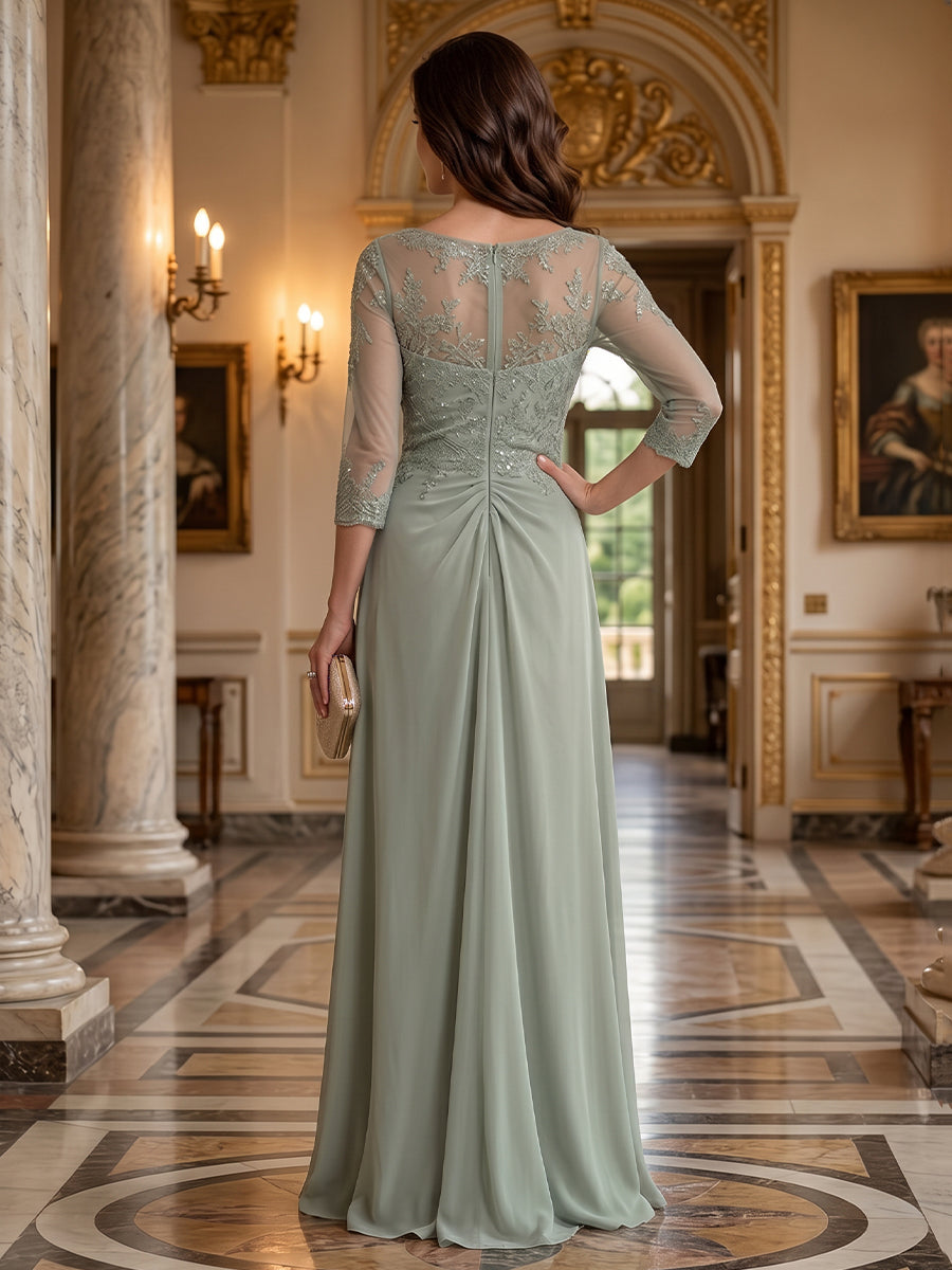 Chiffon Sequin A Line Scoop Neck Floor Length 3/4 length sleeves Sequin Embroidery Ruched Mother of the Bride Dresses
