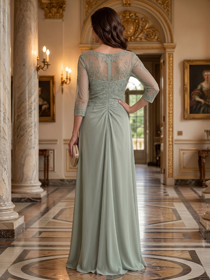 Chiffon Sequin A Line Scoop Neck Floor Length 3/4 length sleeves Sequin Embroidery Ruched Mother of the Bride Dresses