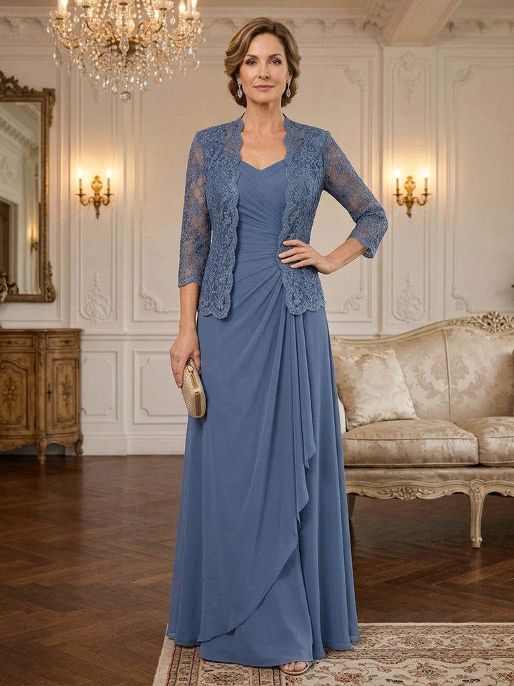 Chiffon Laces A Line Scoop Neck Floor Length Long Sleeves Ruched Mother of the Bride Dresses