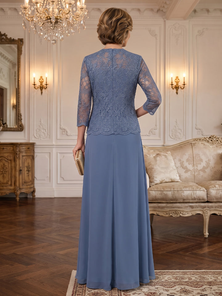 Chiffon Laces A Line Scoop Neck Floor Length Long Sleeves Ruched Mother of the Bride Dresses