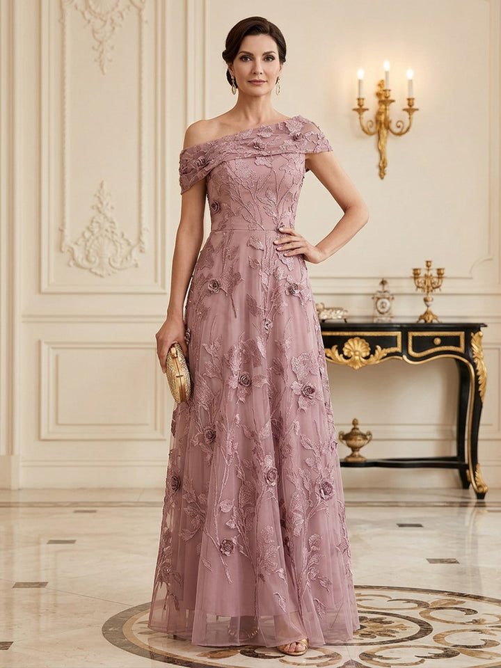 Tulle A Line One Shoulder Floor Length Sleeveless Floral Embroidery Mother of the Bride Dresses