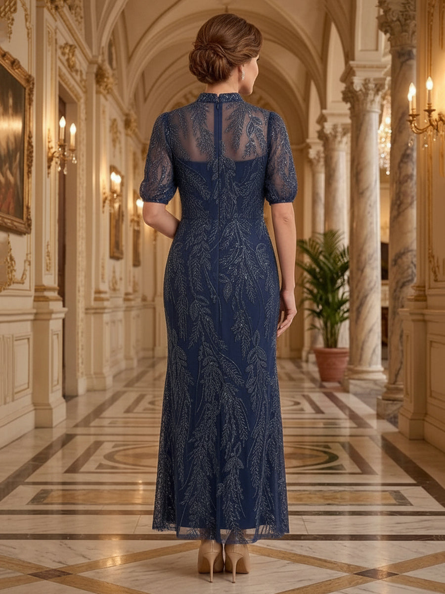 Tulle Sequin A Line Stand Collar Floor Length Short Sleeves Sequin Embroidery Mother of the Bride Dresses