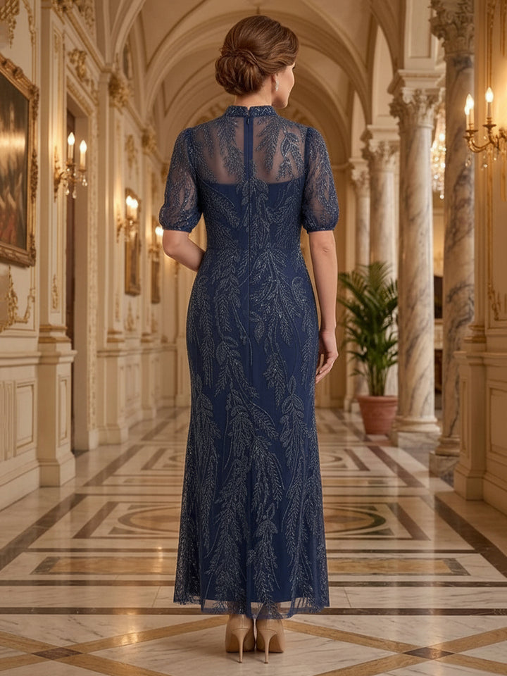 Tulle Sequin A Line Stand Collar Floor Length Short Sleeves Sequin Embroidery Mother of the Bride Dresses