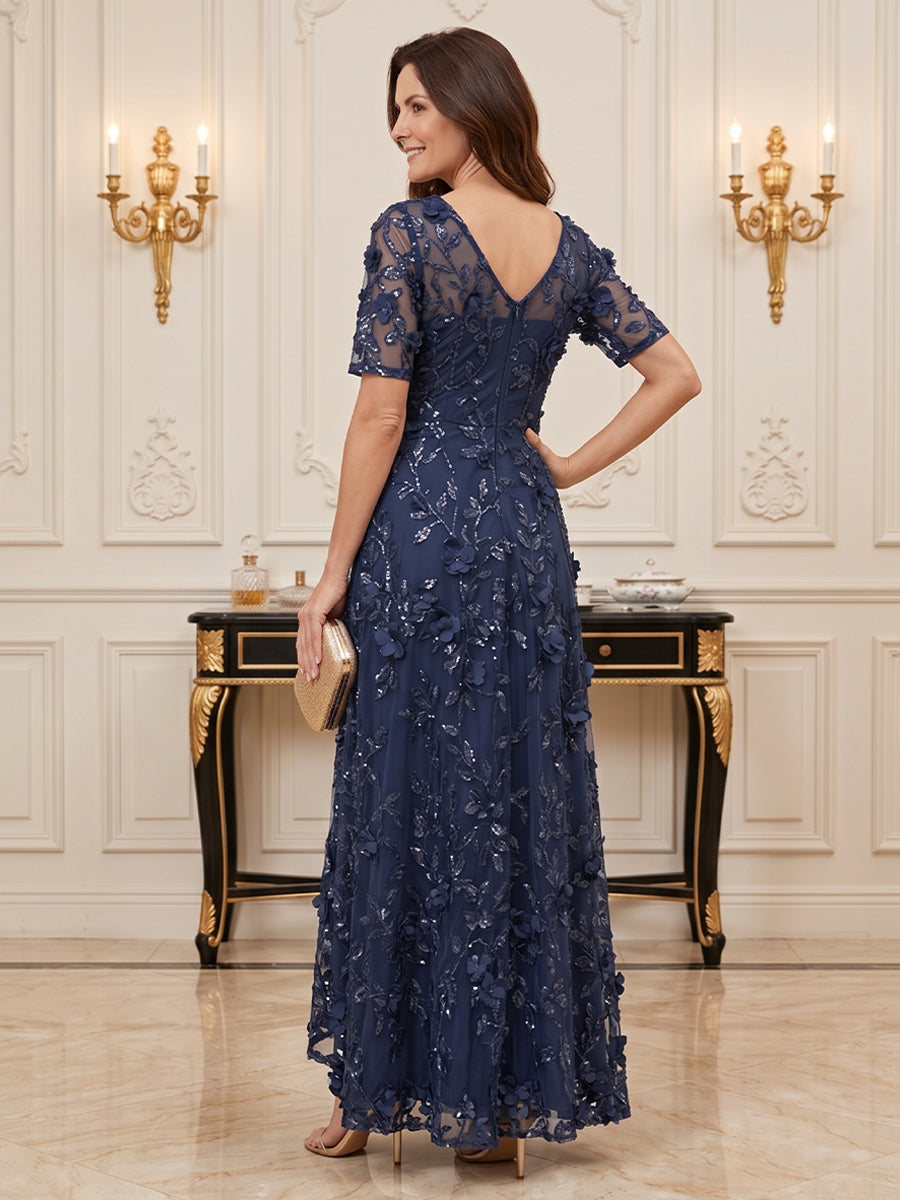 Tulle Sequin A Line V Neck Floor Length Short Sleeves High Low Sequin Embroidery Mother of the Bride Dresses