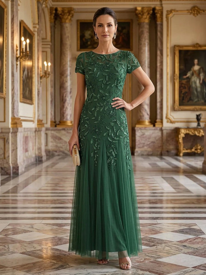 Tulle Sequin A Line Scoop Neck Floor Length Short Sleeves Sequin Embroidery Mother of the Bride Dresses