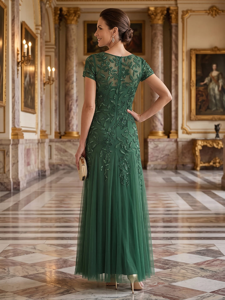 Tulle Sequin A Line Scoop Neck Floor Length Short Sleeves Sequin Embroidery Mother of the Bride Dresses