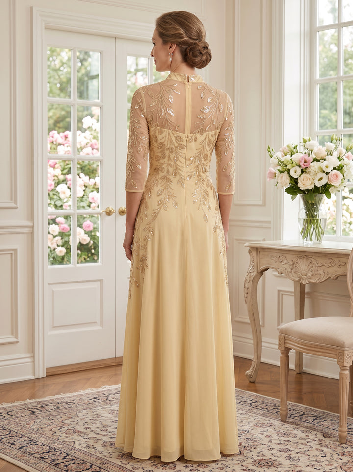 Sequin Chiffon A Line Stand Collar Floor Length Long Sleeves Mother of the Bride Dresses with Sequin Embroidery
