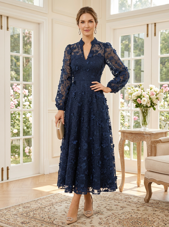 A Line Stand Collar Tulle Mesh Tea Length Long Sleeves Illusion neckline Mother of the Bride Dresses