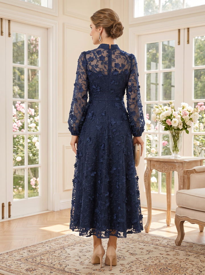 A Line Stand Collar Tulle Mesh Tea Length Long Sleeves Illusion neckline Mother of the Bride Dresses