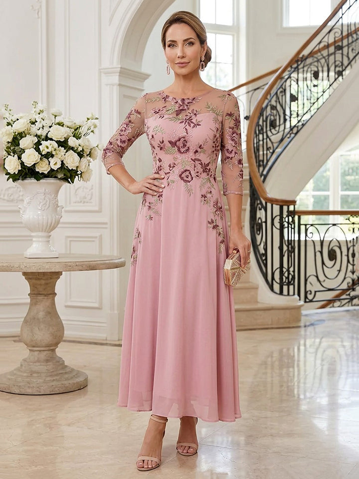 Tulle Chiffon A Line Scoop Neck Ankle Length Long Sleeves Floral Embroidery Mother of the Bride Dresses