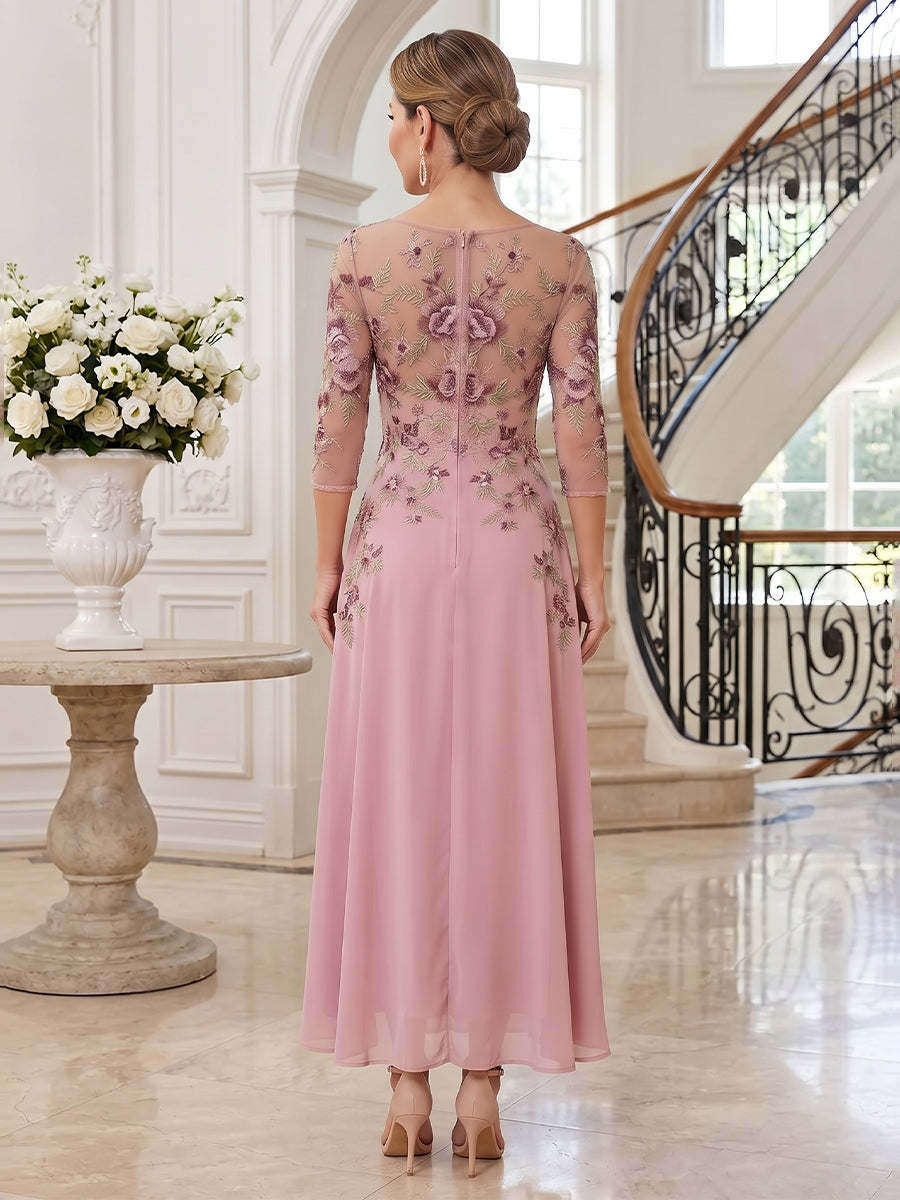 Tulle Chiffon A Line Scoop Neck Ankle Length Long Sleeves Floral Embroidery Mother of the Bride Dresses