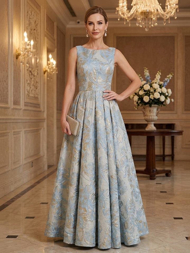 Satin Jacquard A Line Jewel Neck Floor Length Sleeveless Floral Mother of the Bride Dresses