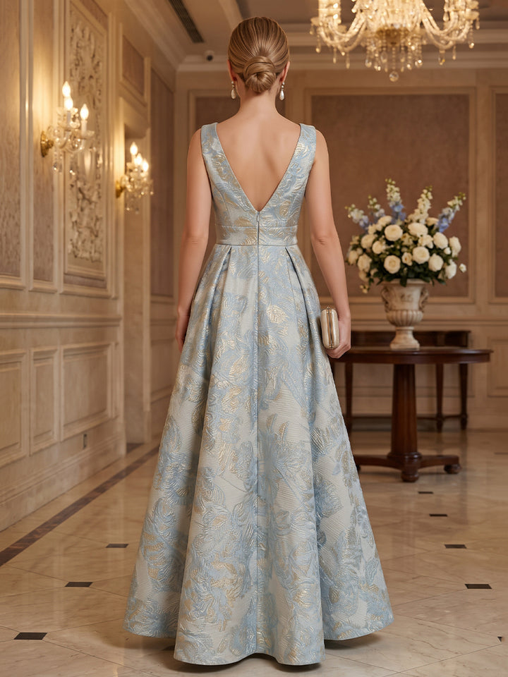 Satin Jacquard A Line Jewel Neck Floor Length Sleeveless Floral Mother of the Bride Dresses