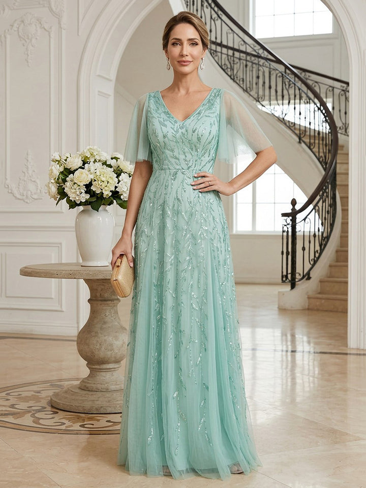 Tulle A Line V Neck Floor Length Short Sleeves Ruffles Mother of the Bride Dresses