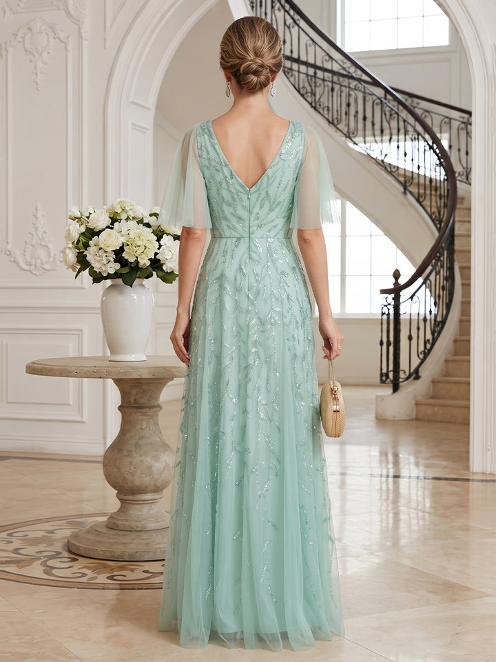 Tulle A Line V Neck Floor Length Short Sleeves Ruffles Mother of the Bride Dresses